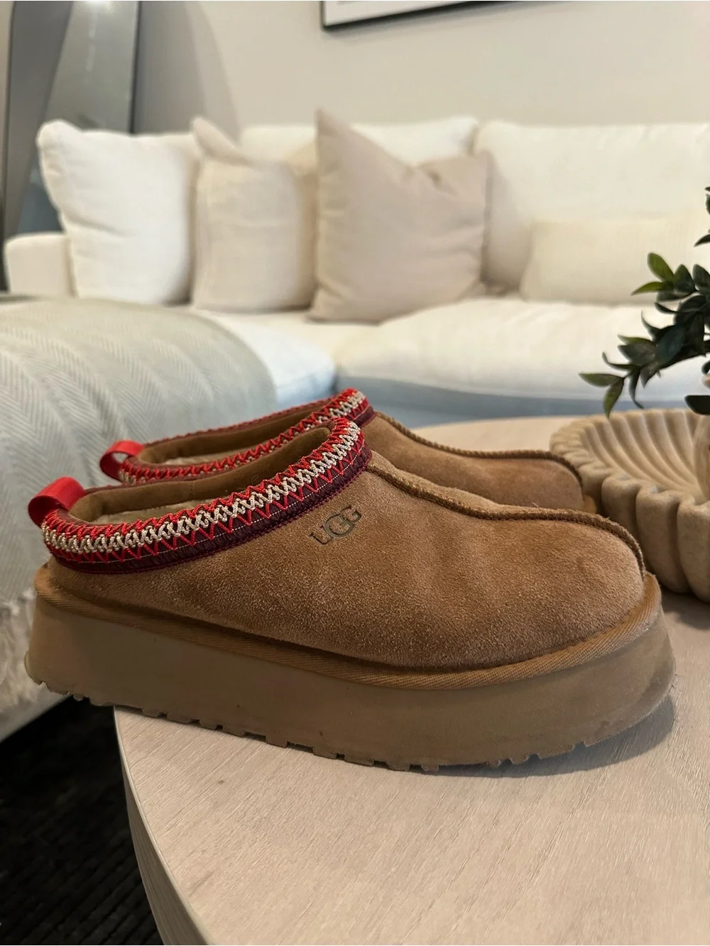 UGG Chestnut Suede Mule Slippers with Red Trim